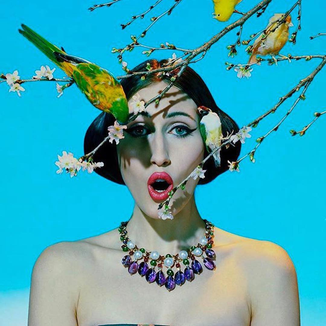 Striking editorial portrait of a woman with birds and flowering branches against a bright blue background. Necklace adds a touch of elegance.