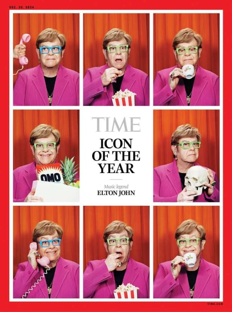 Time magazine cover featuring Elton John in nine different poses, wearing colorful glasses and a pink blazer against a red background.