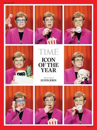 Time magazine cover featuring Elton John in nine different poses, wearing colorful glasses and a pink blazer against a red background.