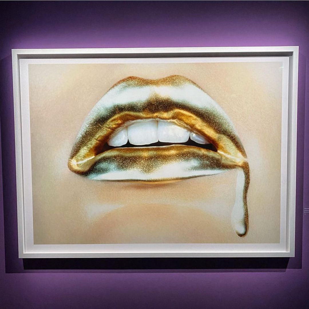 Framed artwork displays lips with gold lipstick and teeth, against a blurred background; the art hangs against a solid-colored wall.
