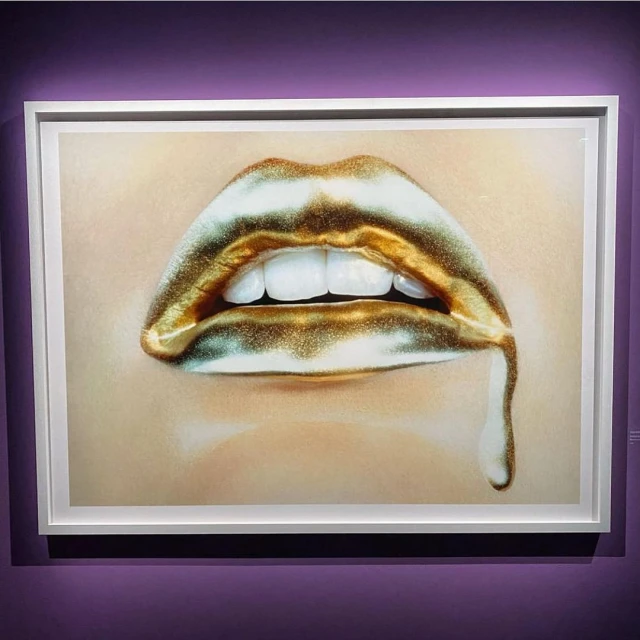 Framed artwork displays lips with gold lipstick and teeth, against a blurred background; the art hangs against a solid-colored wall.