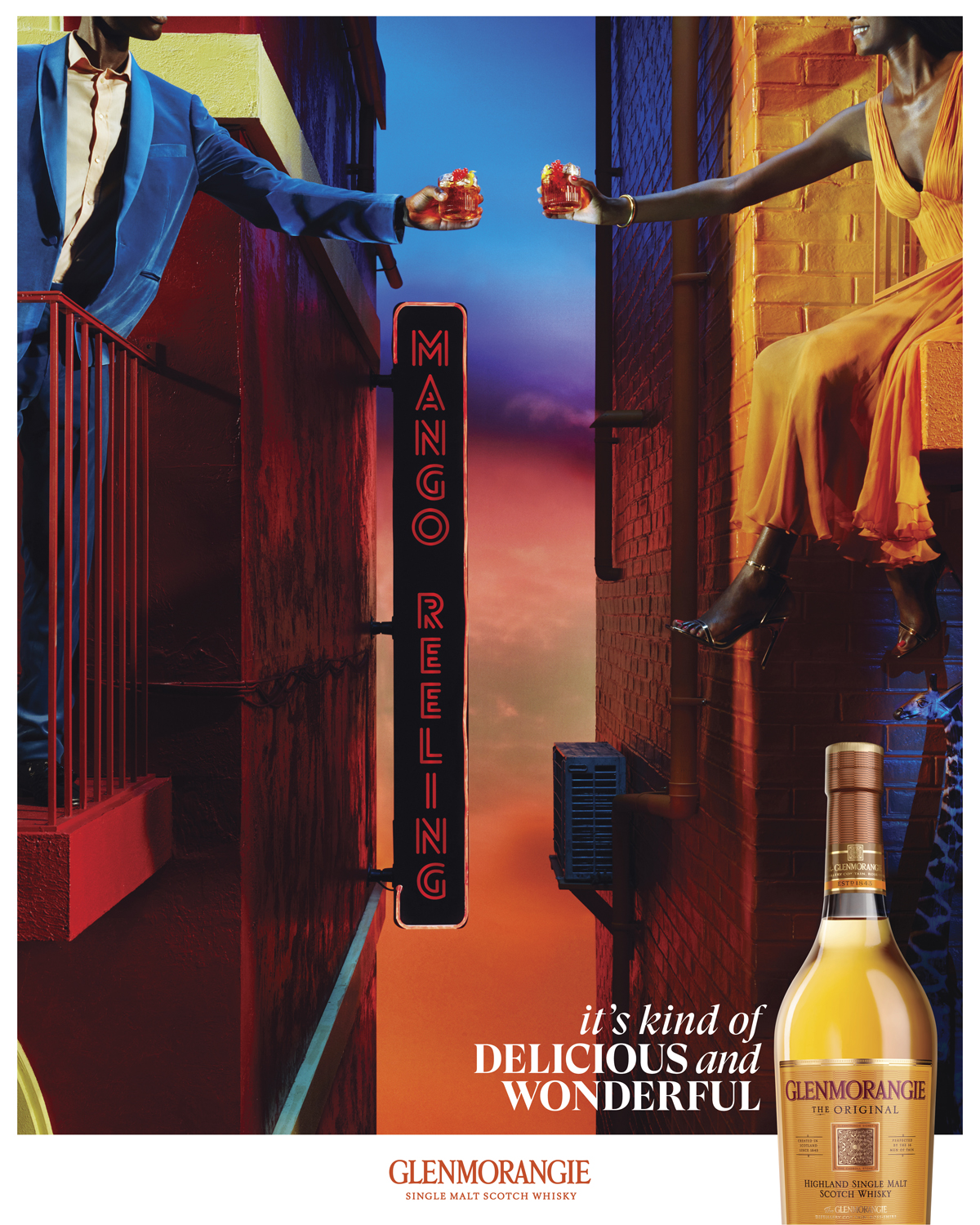 A vibrant Glenmorangie ad showcasing people toasting drinks across buildings at dusk with a whisky bottle displayed below.