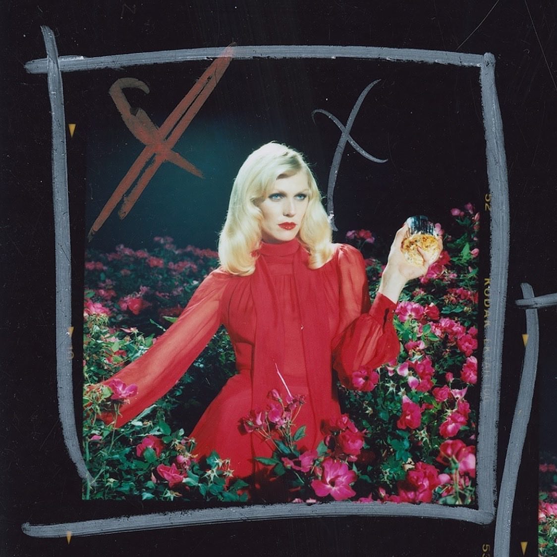 A blond woman in a red dress standing in a field of pink roses, holding a glass jar against a dark background.