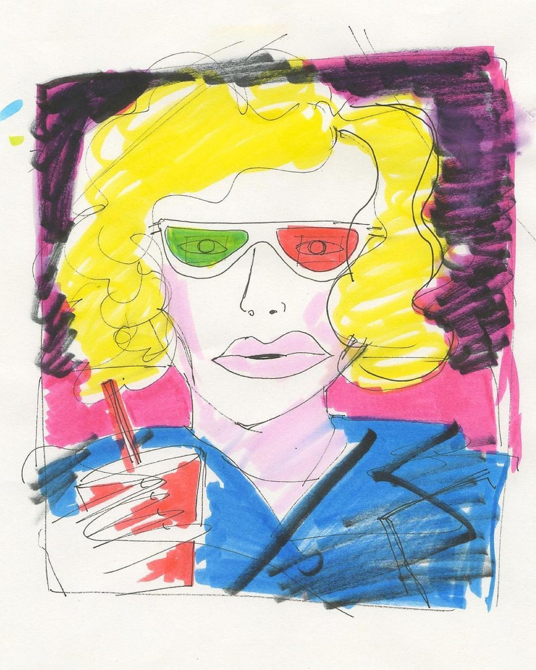 Illustration of an adult wearing 3D glasses and holding a beverage with a straw, created with markers on paper in vivid colors.
