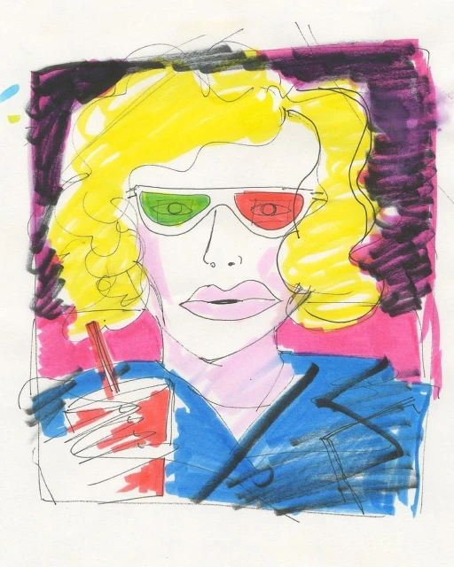 Illustration of an adult wearing 3D glasses and holding a beverage with a straw, created with markers on paper in vivid colors.