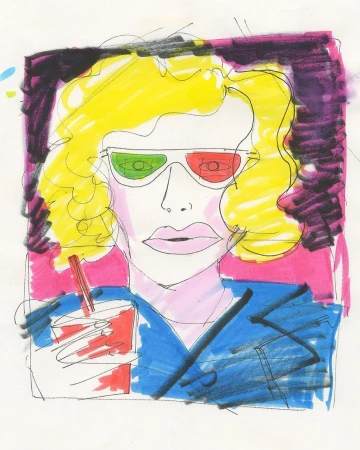 Illustration of an adult wearing 3D glasses and holding a beverage with a straw, created with markers on paper in vivid colors.