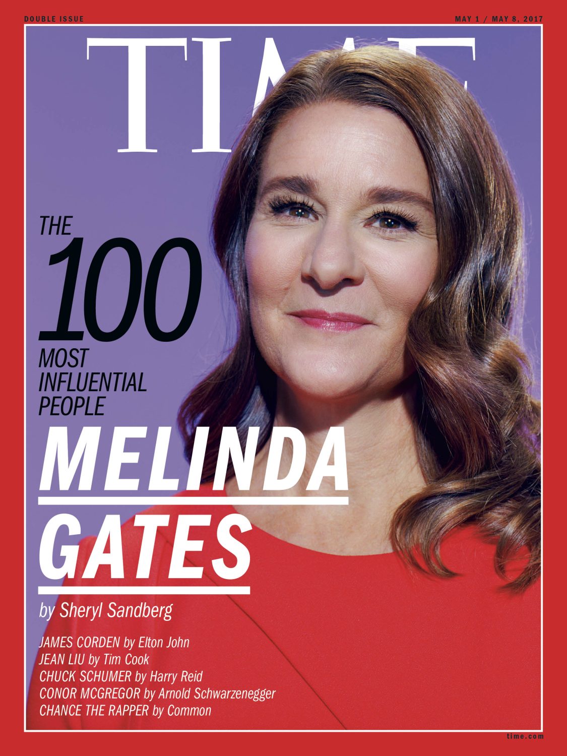 Time magazine cover featuring Melinda Gates in a close-up shot. The cover has a lilac background and is bordered by a red frame.