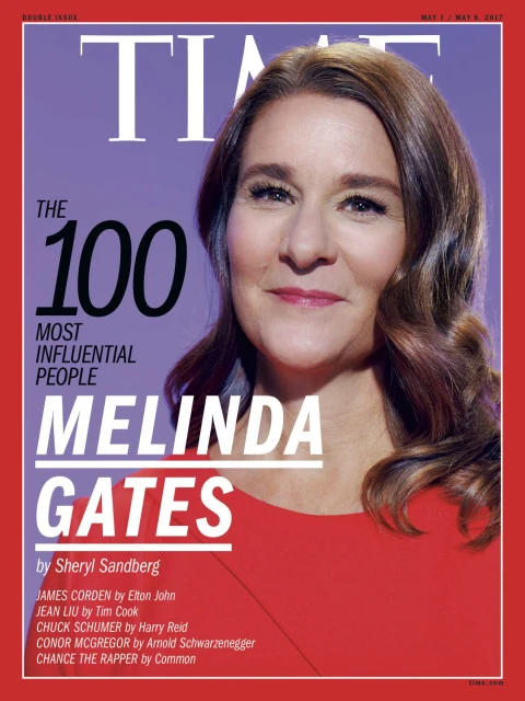 Time magazine cover featuring Melinda Gates in a close-up shot. The cover has a lilac background and is bordered by a red frame.