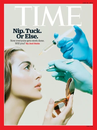 Time magazine cover featuring a light-skinned adult female's face during a cosmetic procedure with medical tools and cosmetic compact mirror.