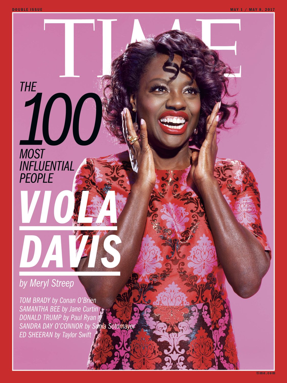 Time magazine cover featuring Viola Davis, smiling and wearing a floral-patterned dress. Hands are raised to her face in a joyful gesture.
