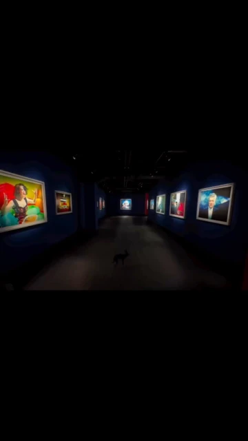 Art gallery interior featuring paintings and a small black dog walking down the center of the hallway with blue walls.