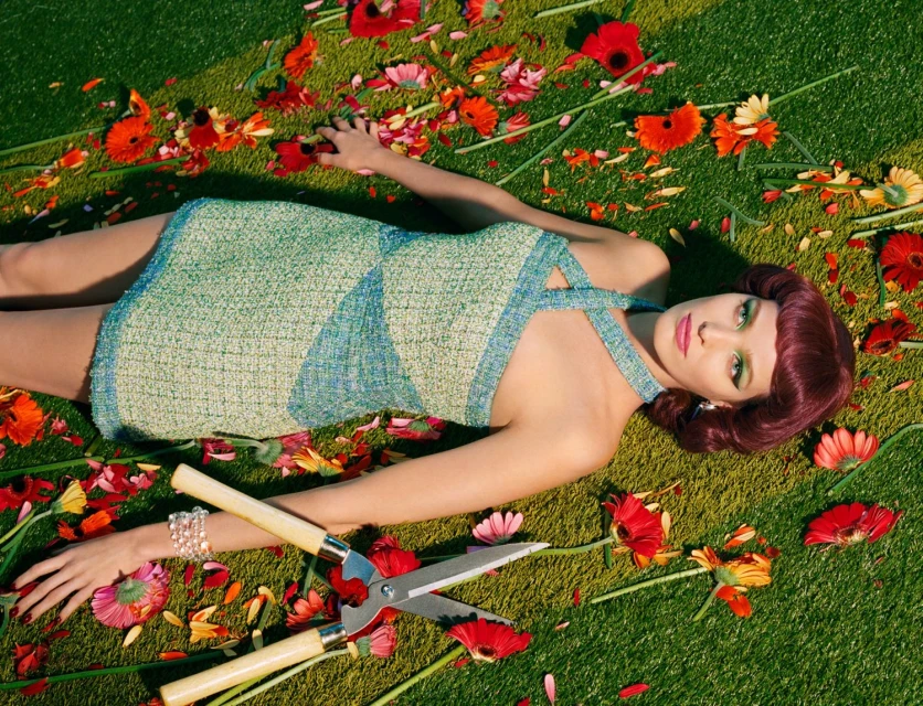 Woman in a retro-style dress lying on a patch of artificial turf with colorful flowers and garden shears, fashion editorial photography.