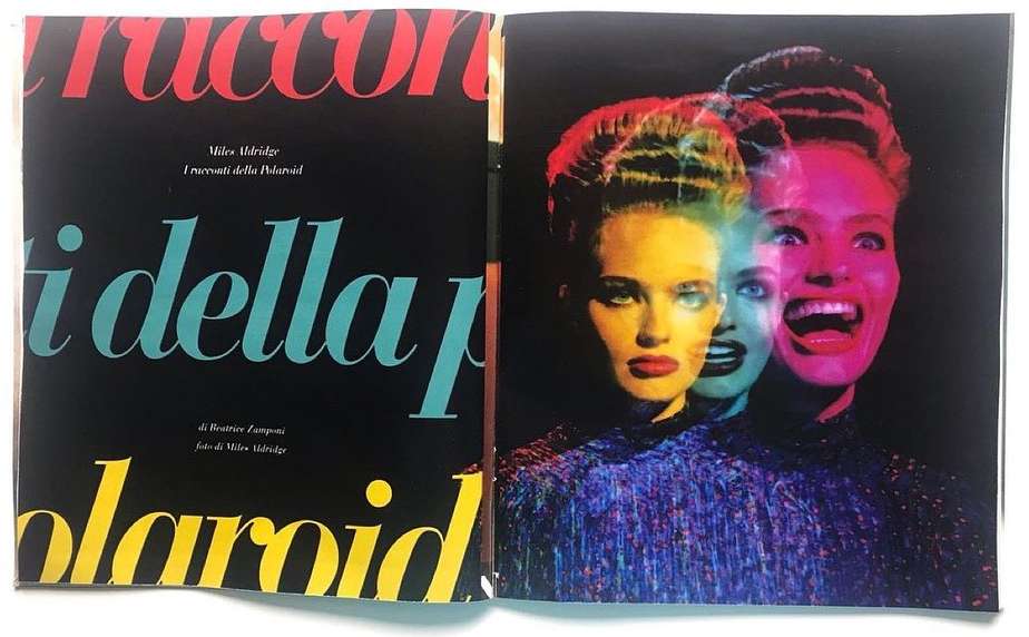 Fashion magazine spread featuring a woman with colorful layered exposures and bold graphic typography on a black background.