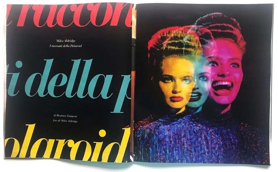 Fashion magazine spread featuring a woman with colorful layered exposures and bold graphic typography on a black background.
