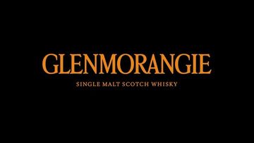 Glenmorangie Scotch Whisky logo against a black background, featuring gold lettering, text highlighting brand and product type.