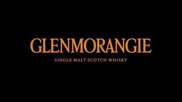 Glenmorangie Scotch Whisky logo against a black background, featuring gold lettering, text highlighting brand and product type.
