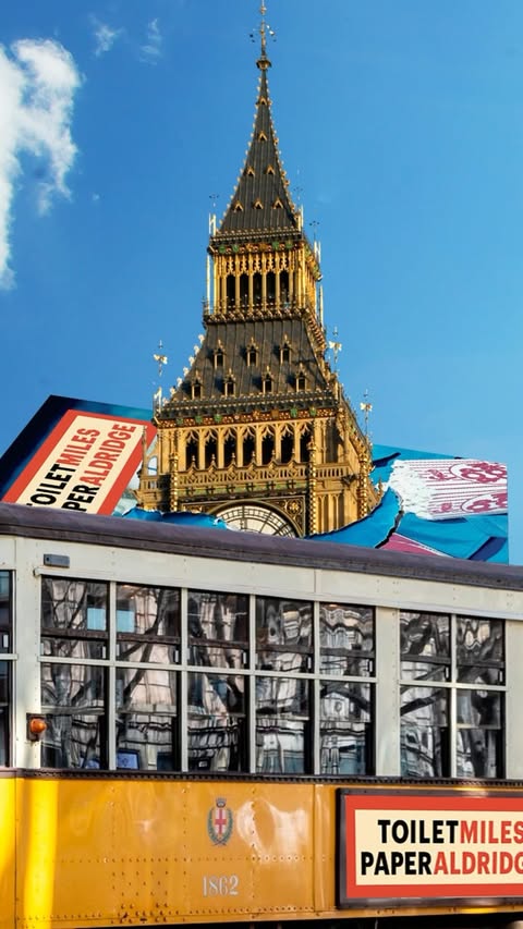 Low-angle view of Big Ben clock tower in London, juxtaposed with a vintage yellow tram featuring retro-style advertising posters.