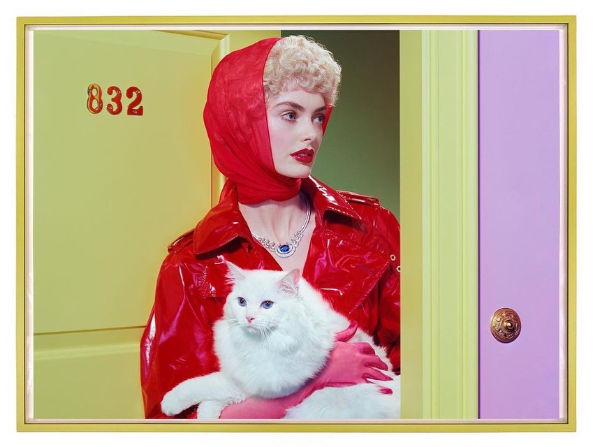 A woman in a red coat and headscarf holding a white cat, framed by colorful doors, creates a stylish and visually striking composition.