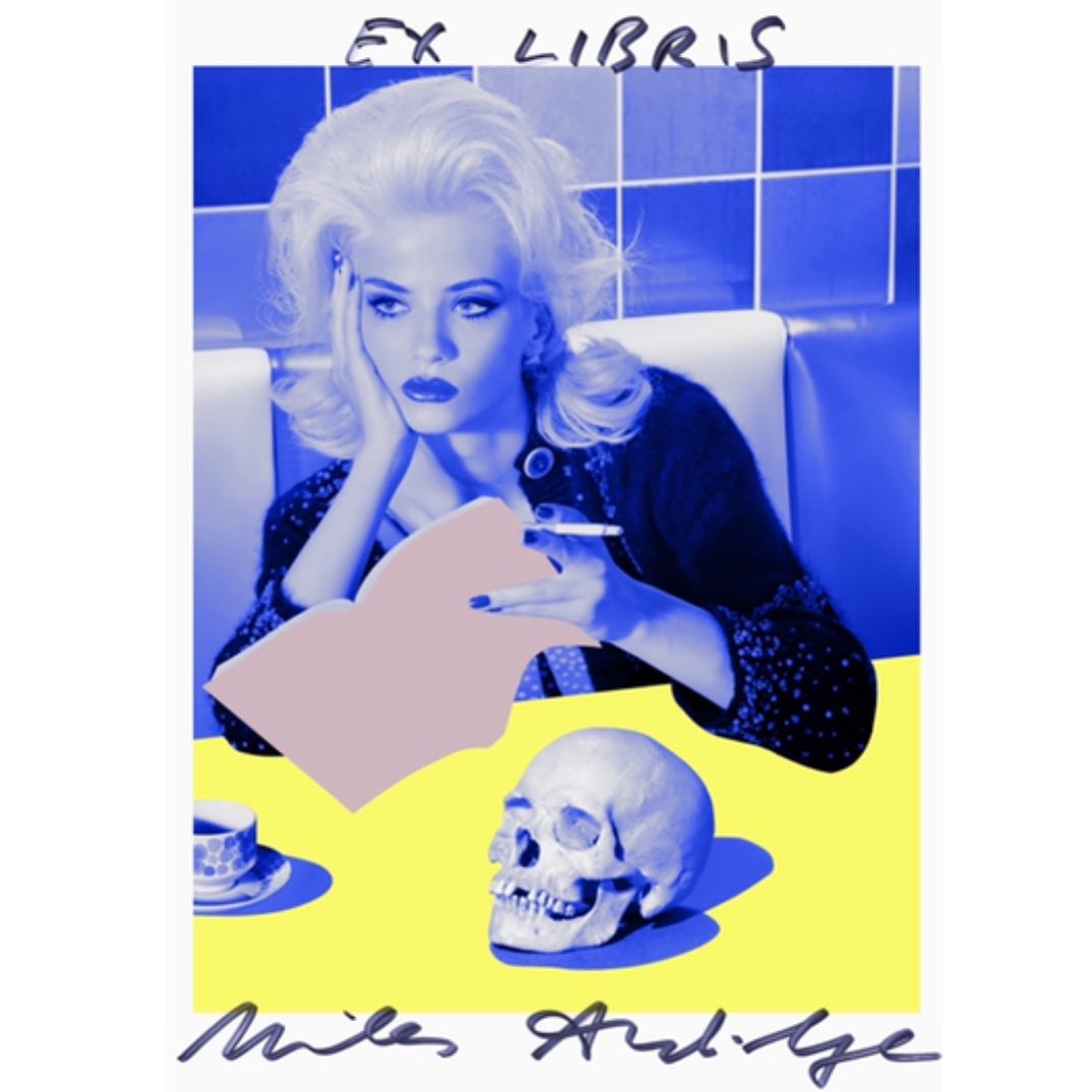 Blonde woman with a book, cigarette, and skull on a yellow table against a blue tiled wall, stylized in a pop art style.