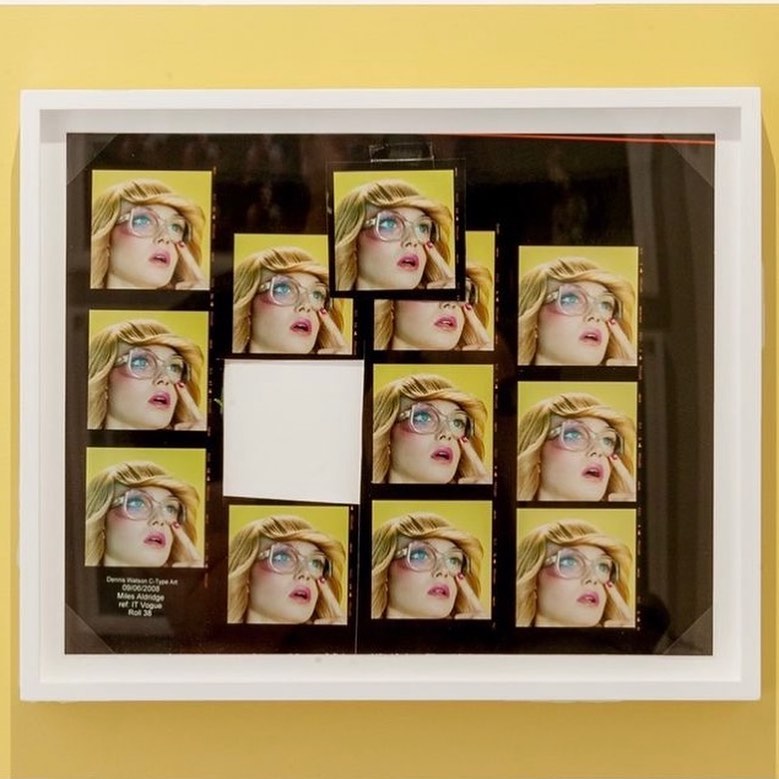 Artwork with framed photo sheet featuring a blonde woman wearing glasses in multiple exposures, creating a retro aesthetic display.