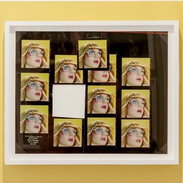 Artwork with framed photo sheet featuring a blonde woman wearing glasses in multiple exposures, creating a retro aesthetic display.