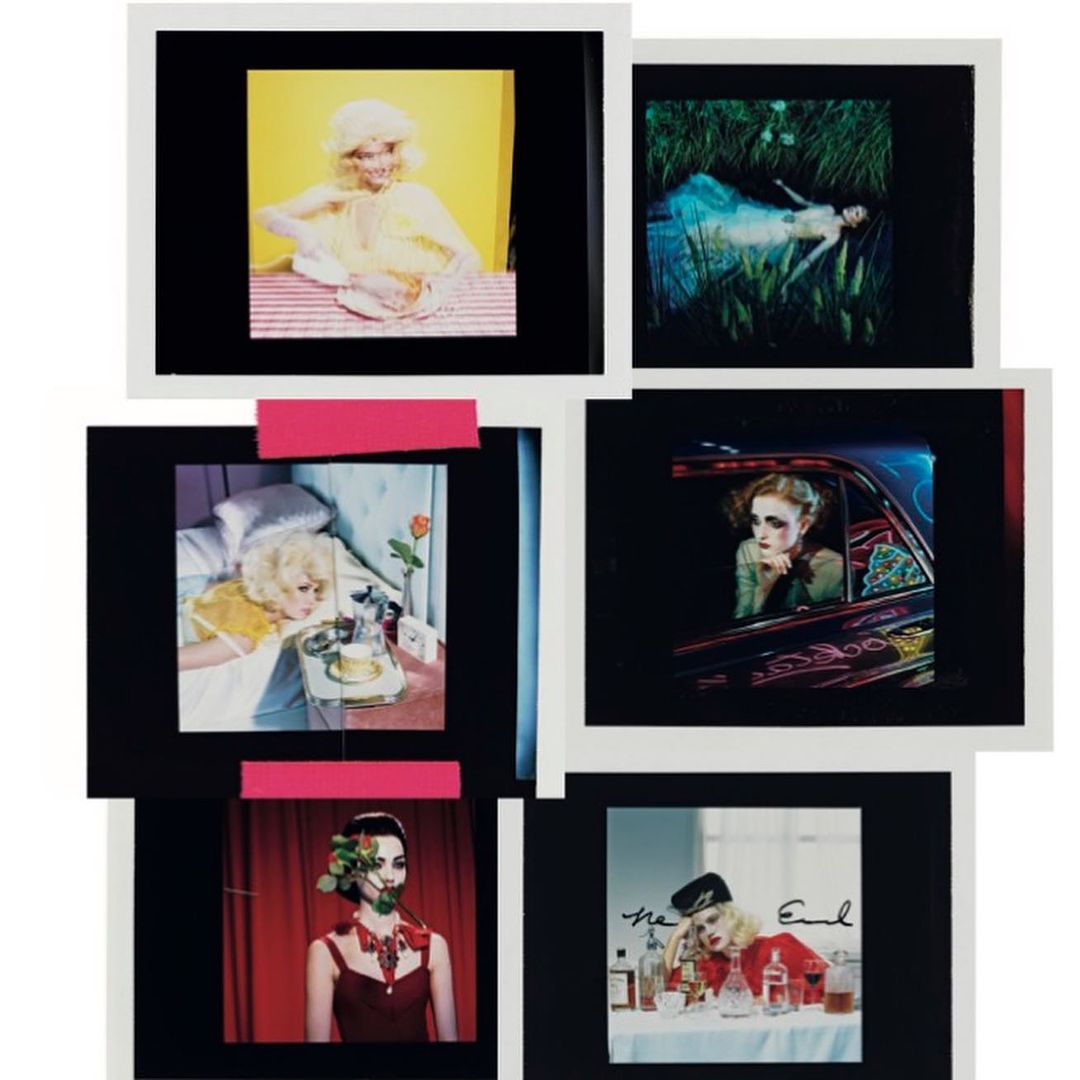 Photo montage features women in varied stylized portraits with distinct backgrounds, lighting, and fashion, creating a collage of scenes.