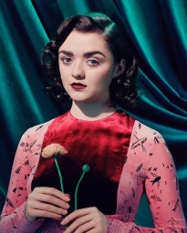 Portrait of a woman with dark retro-styled hair wearing a pink printed top and holding flowers, against a teal curtain.