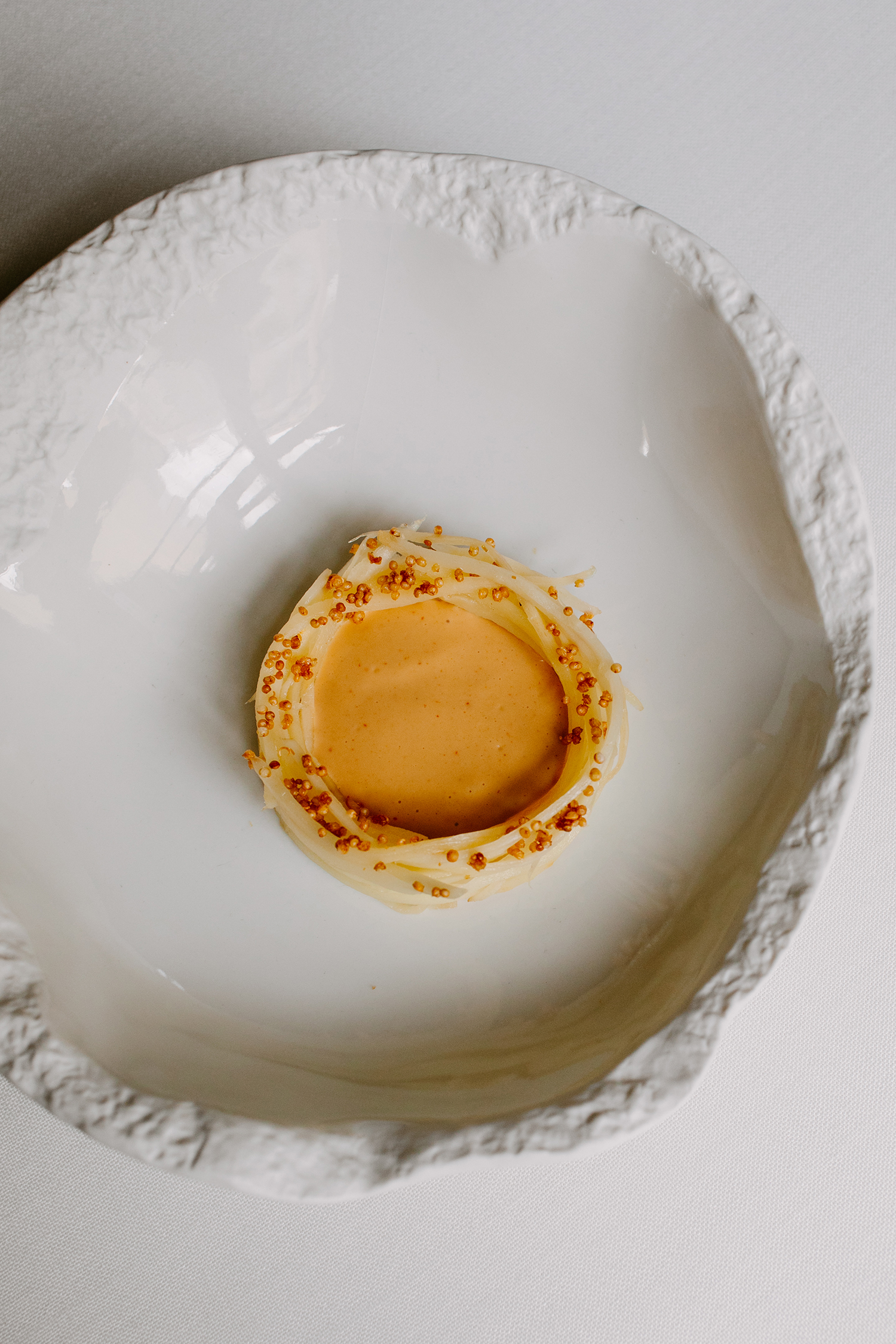 Close-up shot of a plated dish featuring creamy sauce, topped with crispy garnish in a unique white bowl. Studio lighting.