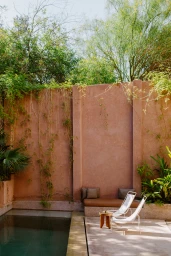Outdoor patio with a tall terracotta stucco wall, swimming pool edge, two white lounge chairs, and lush climbing greenery.