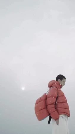 A person walks through a snowy, muted landscape, wearing a puffy red coat and carrying a matching red backpack.