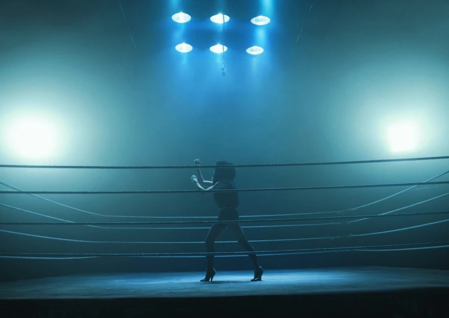 Female boxer in a fighting stance in a boxing ring, illuminated by bright stage lights, creating a dramatic, high-contrast scene.