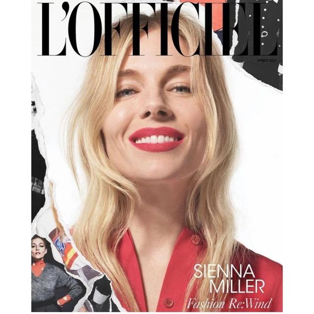Fashion magazine cover featuring a smiling blonde woman with red lipstick wearing a red jacket with text overlay and paper tear effect.