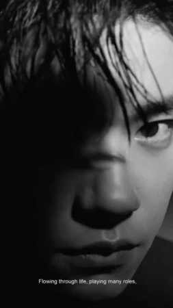 Close-up monochrome portrait of a man with wet hair and dramatic high-contrast lighting casting deep shadows across his face.