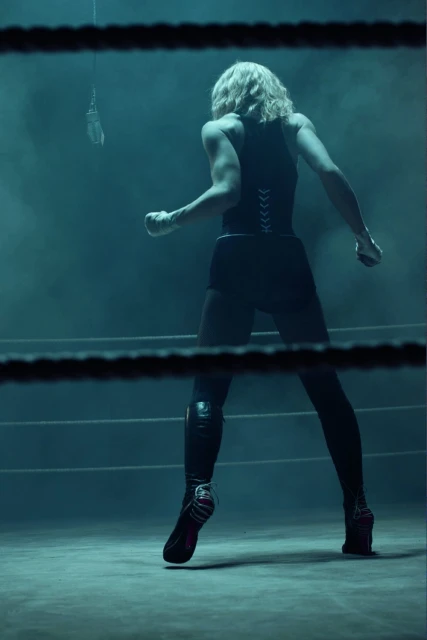 Female boxer stands in a ring with boxing gloves, facing away from the viewer in a dark, dramatic scene with a microphone visible.