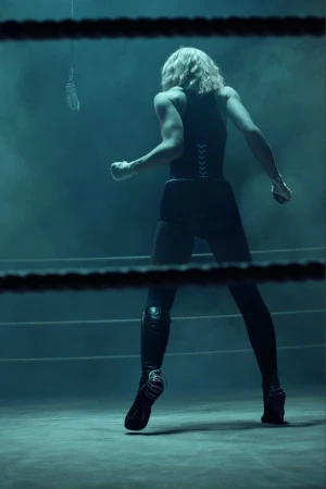 Female boxer stands in a ring with boxing gloves, facing away from the viewer in a dark, dramatic scene with a microphone visible.