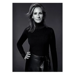 Monochrome portrait of Julia Roberts in a black turtleneck sweater and leather skirt against a dark background