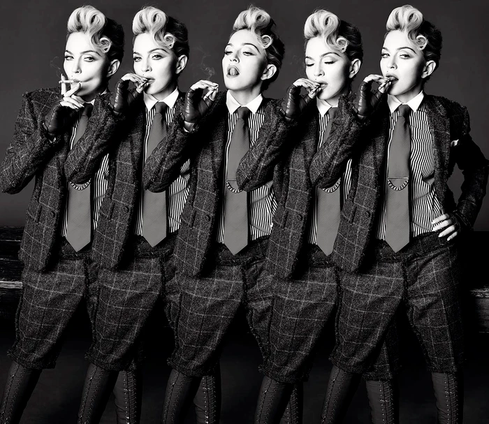 Portrait sequence of Madonna smoking a cigarette wearing a plaid suit and tie photographed by Tom Munro