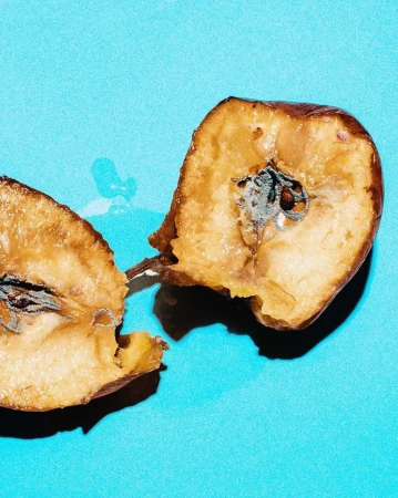 Close-up of a halved, rotting pear against a blue background shows decomposition and decay in food, creating a visually unappealing scene.