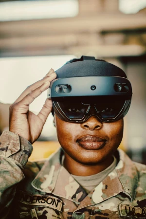 Woman in military uniform wears augmented reality headset, saluting indoors. Close-up shot with diffused lighting, focusing on technology.