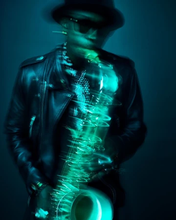 Jazz musician in a black leather jacket plays a glowing cyan saxophone under blue lighting, motion blur, creating a vibrant musical image.