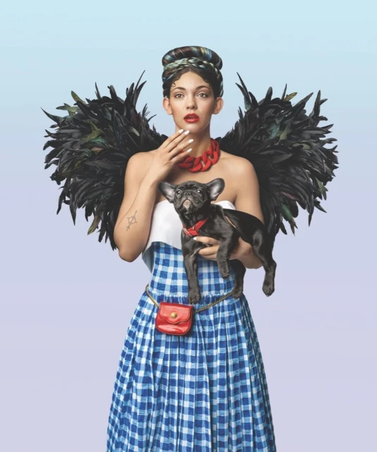 Woman in Dorothy costume holds a black French bulldog with feather wings against a gradient blue background in a studio shot.