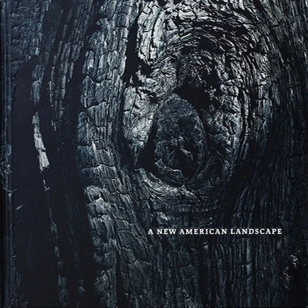 Monochromatic close-up shows a tree trunk's charred, textured bark with a knot, and the title 'A New American Landscape' at the bottom.