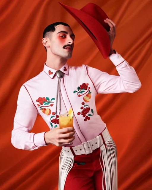 Stylish man poses in retro-inspired fashion holding a cocktail against an orange backdrop, wearing a cowboy hat, and an embroidered shirt.