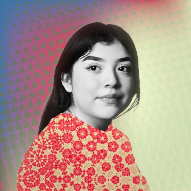 Artistic portrait of a young woman with a red patterned overlay on her clothing, set against a background of blended colors and triangles.