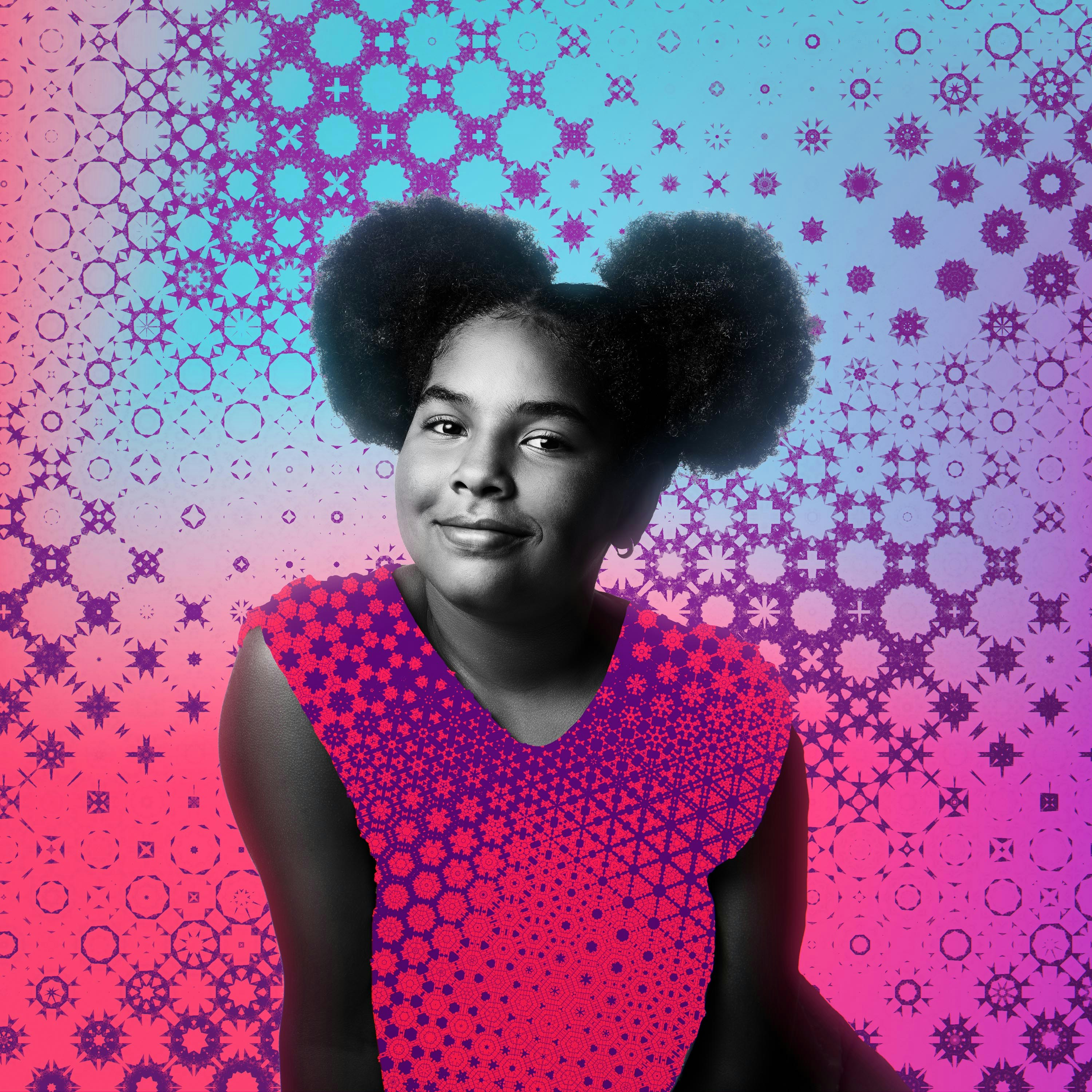 Close-up portrait of a young Black girl with a cheerful expression against a vibrant background with pink, purple, and blue hues.