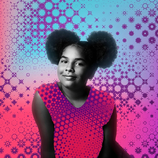 Close-up portrait of a young Black girl with a cheerful expression against a vibrant background with pink, purple, and blue hues.