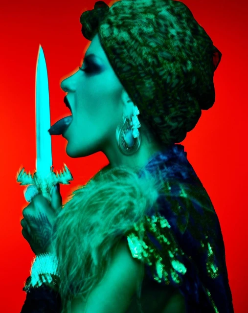 Artistic portrait of a woman with a headdress, earrings, and a dagger touching her tongue against a vivid red background.