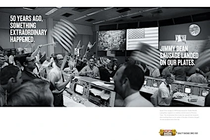 Black and white vintage-style ad for Jimmy Dean sausage featuring a crowd holding American flags in a NASA control room.