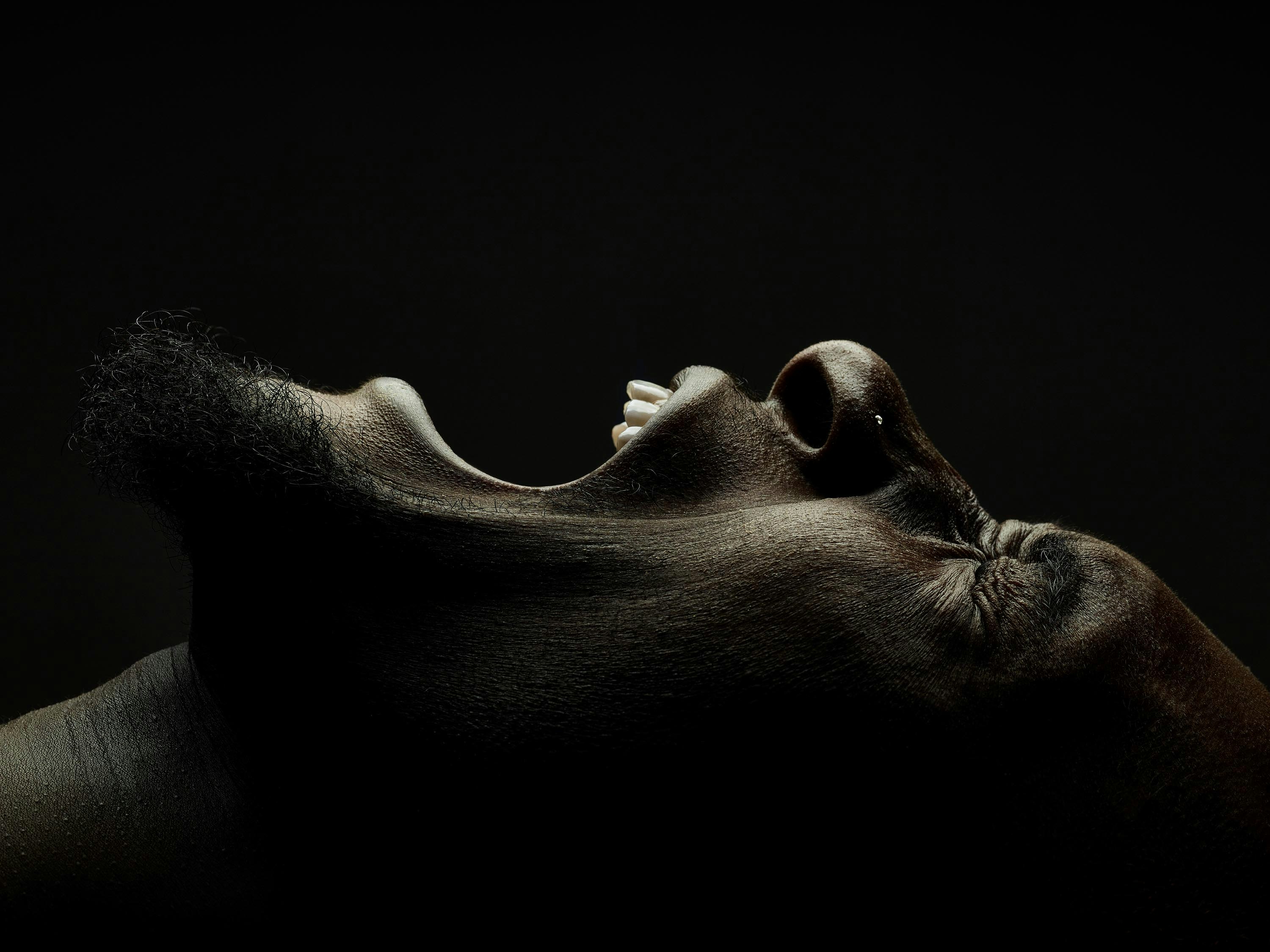 Close-up studio portrait of a dark-skinned adult male with open mouth, lit from below against a dark background. Moody, side view.