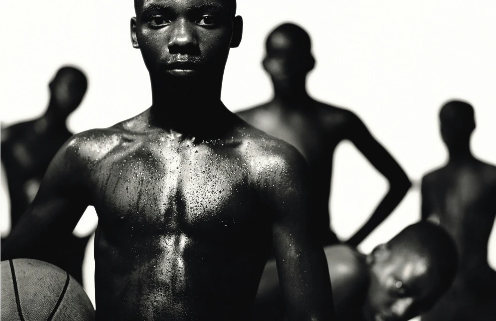 Black and white portrait of a shirtless young Black man holding a basketball, with blurry figures in the background.